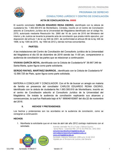 Modelo DE ACTA DE Conciliacion ACTA DE CONCILIACION No El Suscrito Conciliador CARLOS EDUARDO
