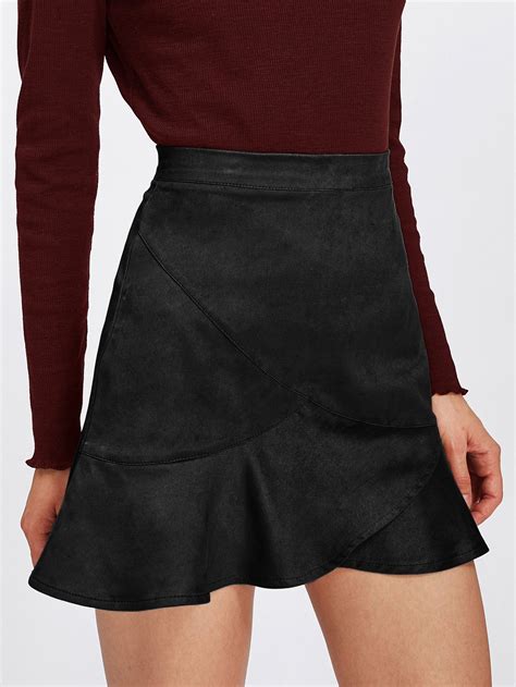 Shop Ruffle Hem Zip Back Suede Skirt Online Shein Offers Ruffle Hem