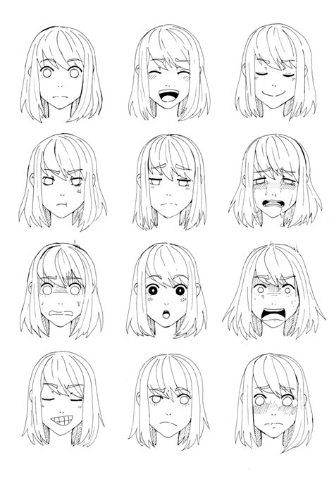 an anime character s face with different facial expressions and hair styles all drawn by hand