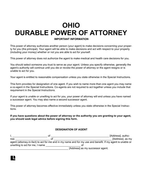 Printable Durable Power Of Attorney Form Ohio Power Of Attorney Forms