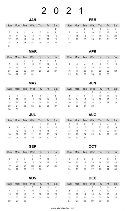 Printable Calendar 2021 Vertical 2021 Yearly Calendar Printable