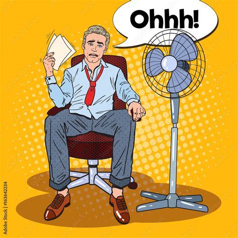 Pop Art Sweating Businessman In Front Of Fan At Office Work Summer