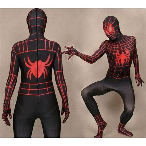 lycra spandex black spiderman costume with red stripes full body zentai suit black spiderman