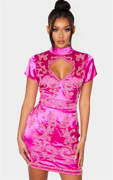 Hot Pink Satin Embellished Bodycon Dress Prettylittlething Usa