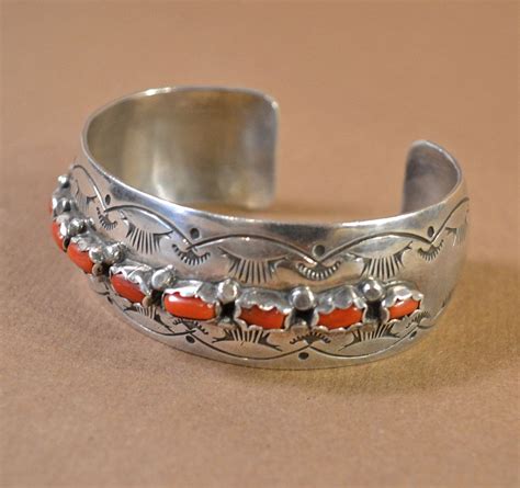 Sterling Silver Native American Cuff Bracelet With Coral 16000 Via