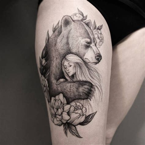Pretty Hug Of Bear And Girl Tattoo On Hip By Iradeer Bear Tattoo
