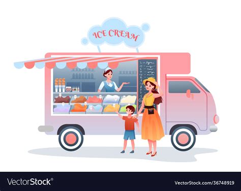 Ice Cream Street Market Food Truck Mother Buying Vector Image