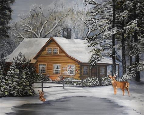 Christmas Snow Winter Log Cabin Painting Print Etsy