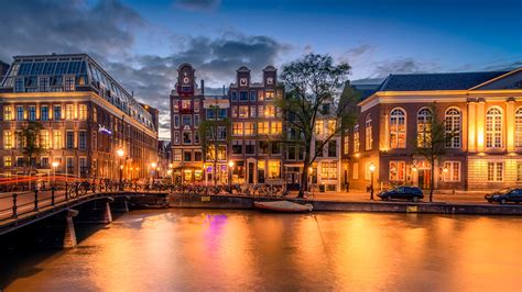 Image Amsterdam Netherlands Bridges Rivers Evening Street 1920x1080