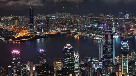 Asia Hong Kong Skyscrapers River Top View Night Lights Ultra 3840x2160