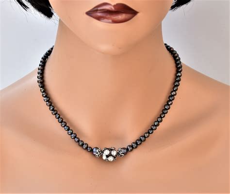 Collier de choker de perles noires naturelles perlées Strass Etsy