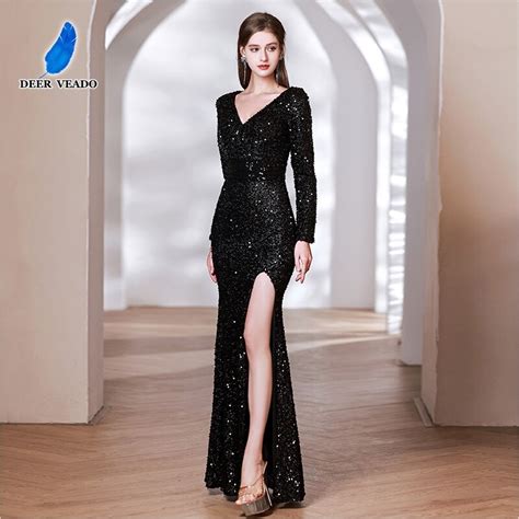 DEERVEADO Sexy Slit V Neck Black Sequins Evening Dress Women Mermaid