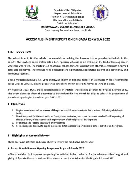 Accomplishment Report On Brigada Eskwela Pdf Learning Teachers