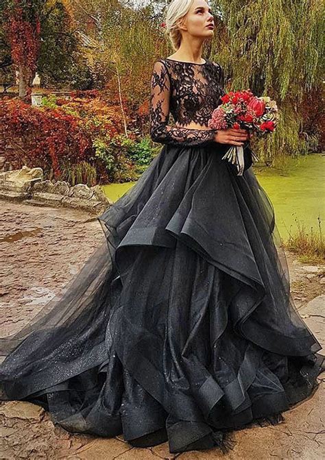 The little cap sleeves add parisian. Two Piece Long Sleeves Black Wedding Dresses Bridal Gowns ...