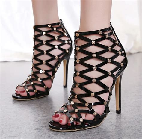 new summer autumn sexy sandals super thin high heel zipper black rivets casual party fashion