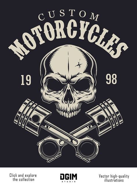 Vintage Monochrome Custom Motorcycles Badge With A Skull And Crossed