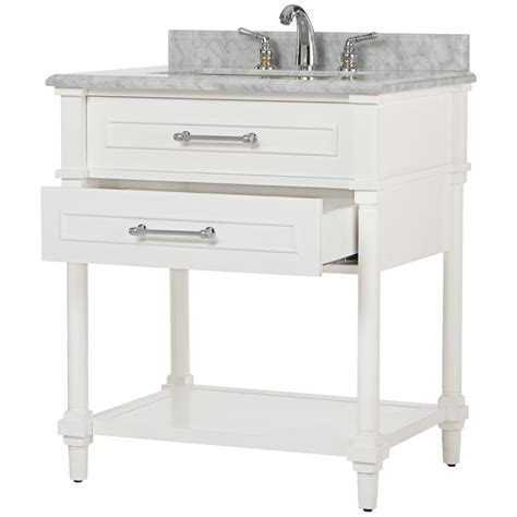 The single vanity makes a classic and timeless addition to any bathroom space. $399 Home Decorators Collection Aberdeen 30 in. W Open Shelf Vanity in White with Carrara Marble ...