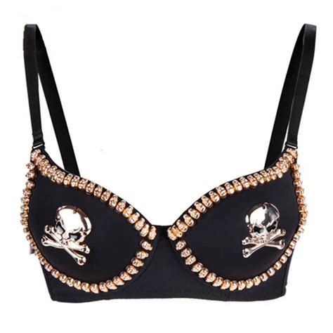 Burlesque Pirate Gold Skull Stud Brassiere Push Up Bras For Women Bralette Top Punk Rave