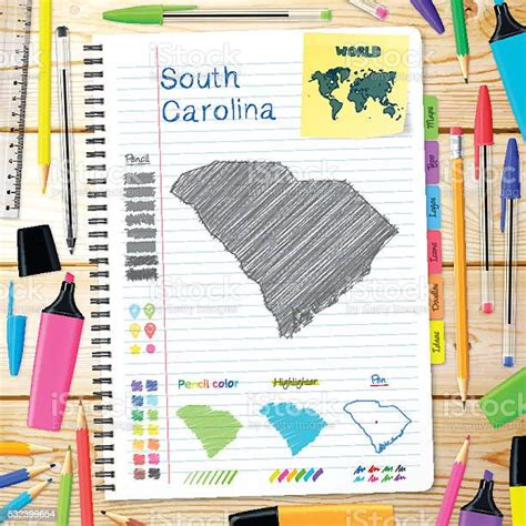 South Carolina Maps Hand Drawn On Notebook Wooden Background Stock
