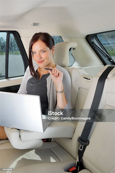 Executive Businesswoman Work Laptop Car Backseat Stock Photo Download