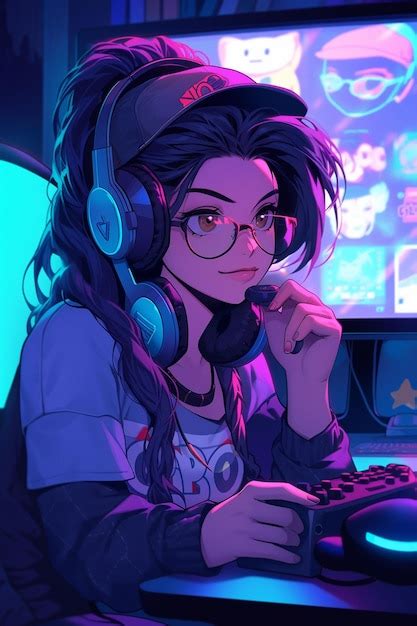 premium photo gamer girl with headphones and glasses playing computer games