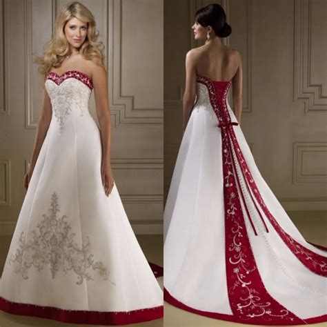 White And Red Wedding Dresses Long Embroidery Satin Back Lace Up Bride
