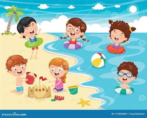 Vector Illustration Of Kids Playing At Beach Stock Vector