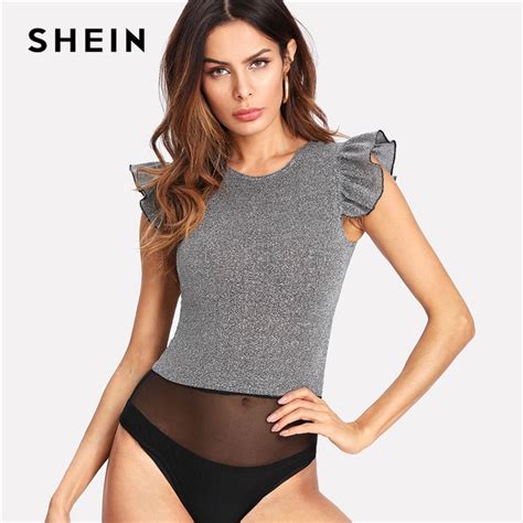 Buy Shein Summer Women Sleeveless Sexy Romper Silver Round Neck Party Bodysuit