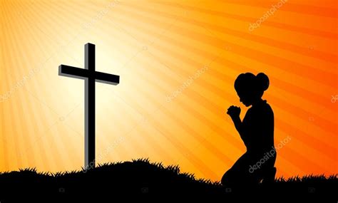 Woman Kneeling At The Cross — Stock Vector 74692833