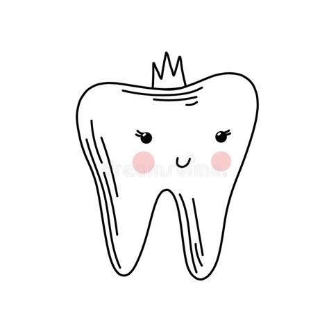 Cute Tooth Character In Hand Drawn Doodle Style Smiling Cartoon Tooth
