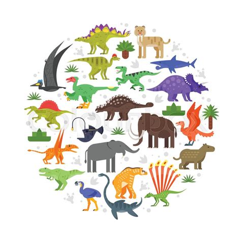 Vector Flat Style Round Composition Of Prehistoric Animals Icons