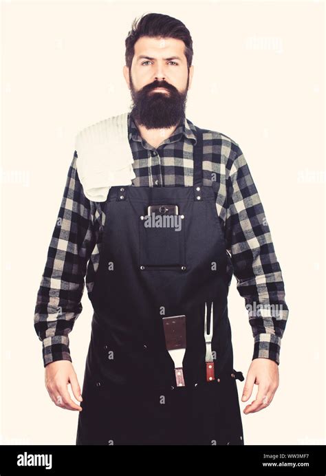 Cooking With Confidence Master Cook Wearing Grilling Apron Confident Grill Cook Bearded Man