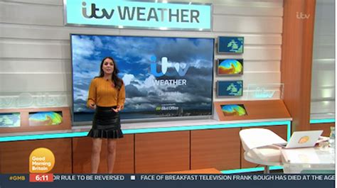 Gmb Weather Girl Laura Tobin Flashes Model Pins In Tiny Black Leather