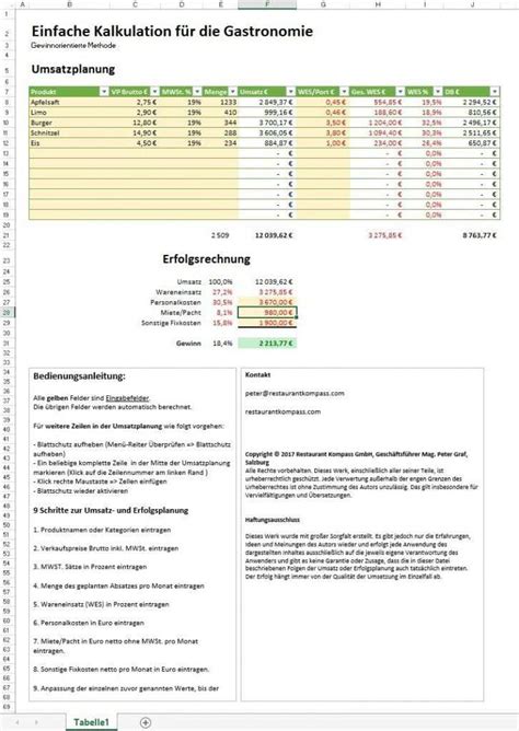 Kalkulation Gastronomie Excel Vorlage