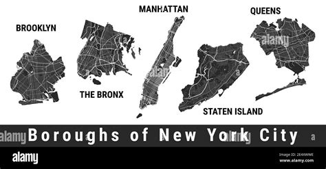 New York City Boroughs Map Set Manhattan Brooklyn The Bronx Staten Island Queens Detailed