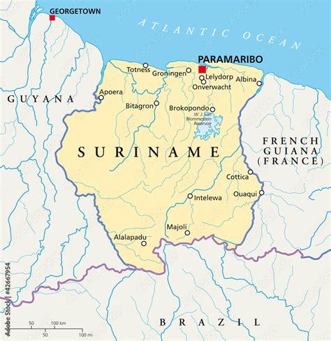 Suriname Political Map With Capital Paramaribo National Borders Most