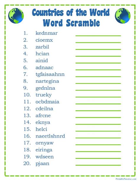 Try play four, daily jumble, or word roundup. Printable Countries of the World Word Scramble Game | Unscramble words, Scramble words, Scramble ...