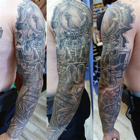 Male With Full Sleeve Mayan Themed Tattoo Design Aztec Tattoos Sleeve