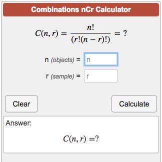 If the elements can repeat in the combination, the formula is: Combinations Calculator (nCr)