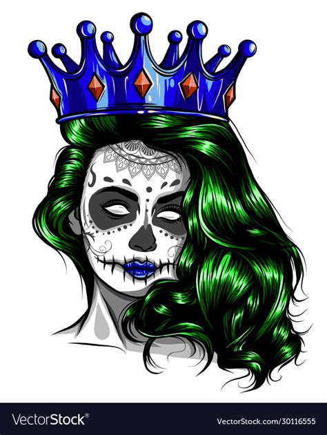 Female Skull With A Crown And Long Hair Queen Vector Image