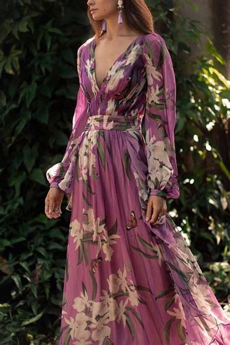 V Neck Floral Long Sleeves Maxi Dresses Immorgo Vestidos Estilosos Vestidos Longos