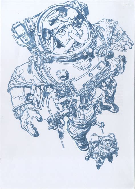 An Ink Drawing Of A Space Suit With People On Its Back And Arms In The Air