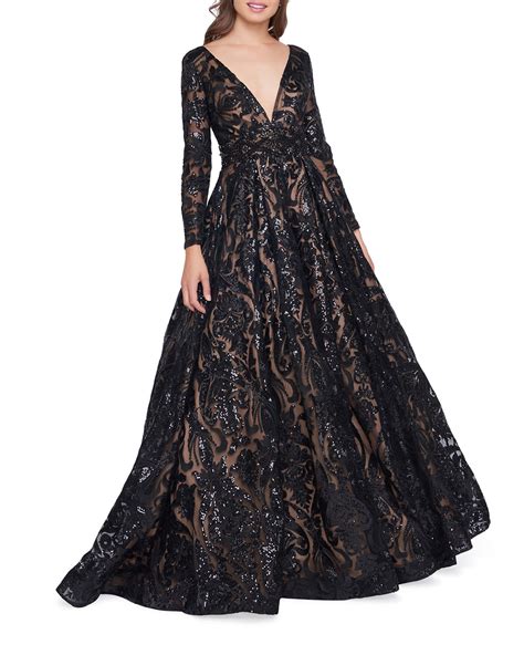 Cassandra stone by mac duggal watermelon gown 4. Mac Duggal Sequin Burnout Plunge-Neck Long-Sleeve Ball ...