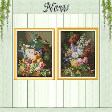 Beautiful Vase Flower And Fruit Decor Painting Counted Print On Canvas