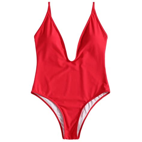 2018 Sexy Red Plunging Neck One Piece Bathing Suit Women Wire Free