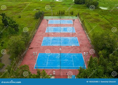 Aerial View Of Tennis Court Empty In Countryside Stock Image Image Of