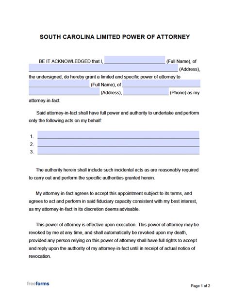Free South Carolina Limited Special Power Of Attorney Form Pdf Word
