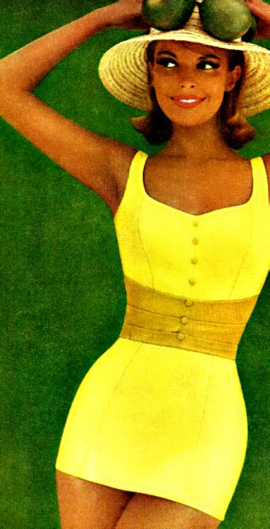 Yellow Swimsuit ♥ 1961 Avocados On Her Head Vintage