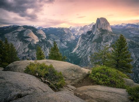 Half Dome From Glacier Point In Yosemite National Park At Sunset Stock