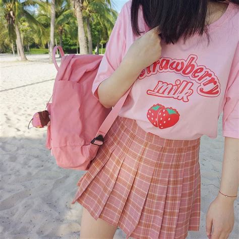 Itgirl Shop Strawberry Milk Pink Oversized Short Sleeve Tshirt Aesthetic Apparel Tumblr Clothes